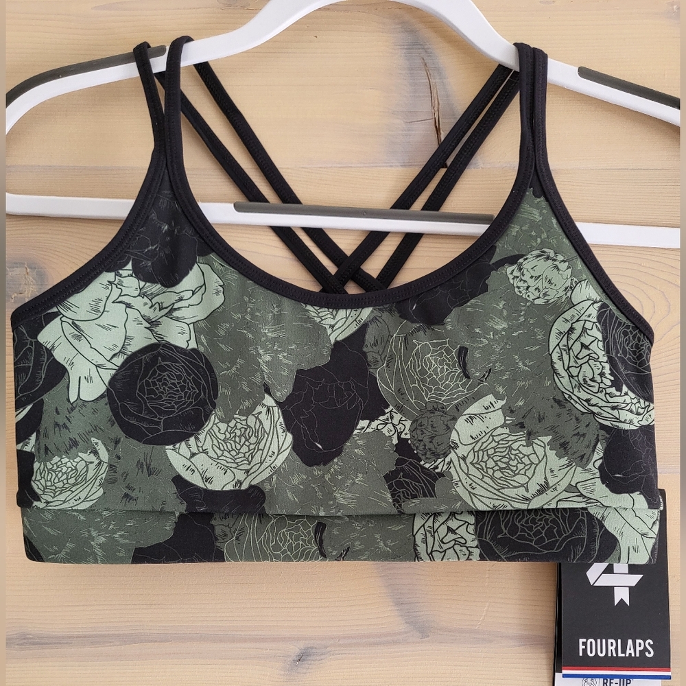 NWT FourLaps Vitality Sports Bra Peonies Print Thyme Floral Camo sizes S and L